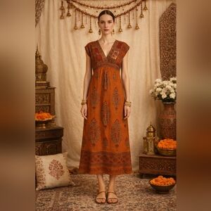 NWOT Bohemian Embroidered Orange Maxi Dress S/M